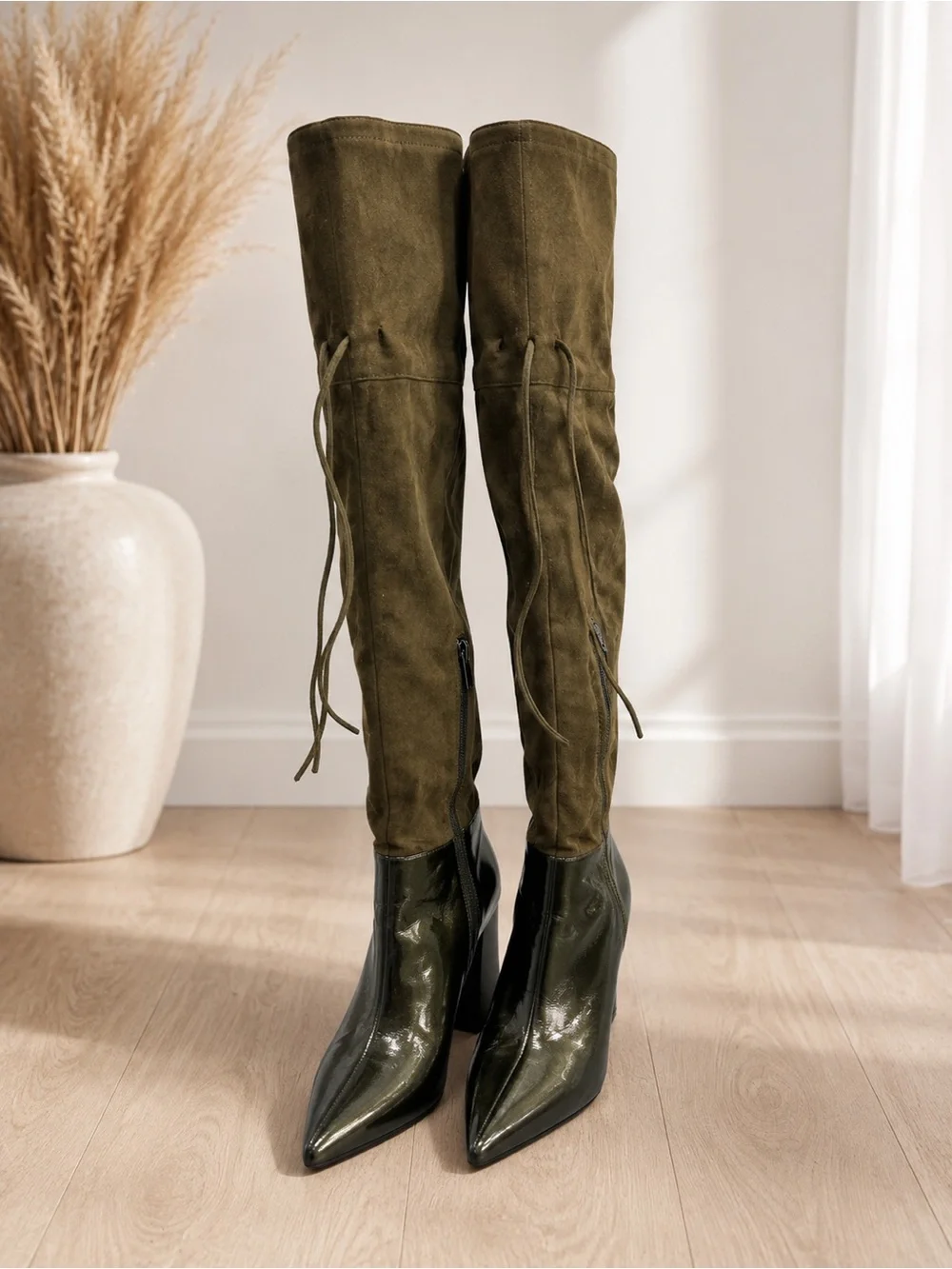 Graciana Women’s Over Knee Boots Olive Suede Patent Leather EU 40 US 9.5